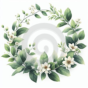 Watercolor floral wreath with jasmine flowers and green leaves isolated on white background